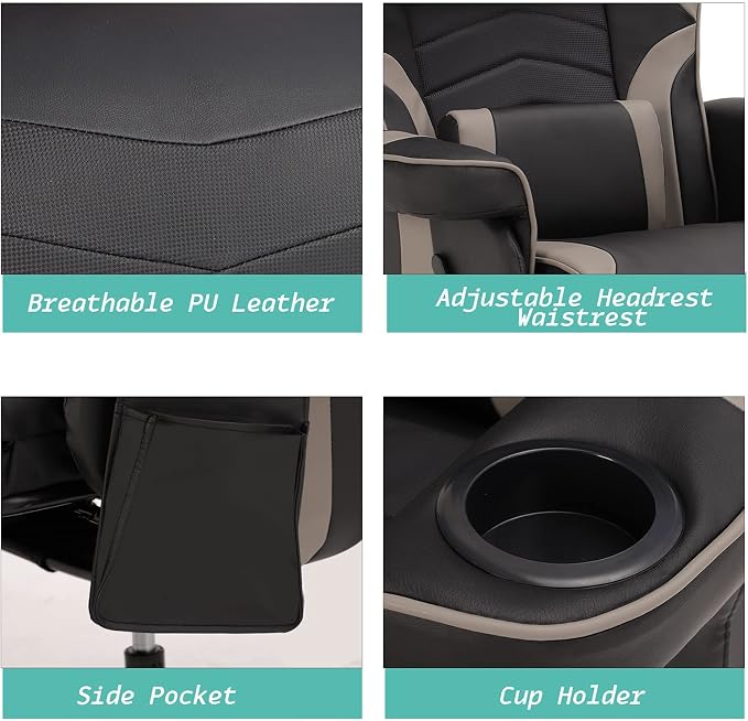 LVUYOYO Reclining Gaming Chair, Gaming Chair with Footrest and Massage, High Back PU Leather Gaming Recliner w/Adjustable Height, Swivel Game Chair with Lumbar Support, Cup Holder, Headrest - Image 7