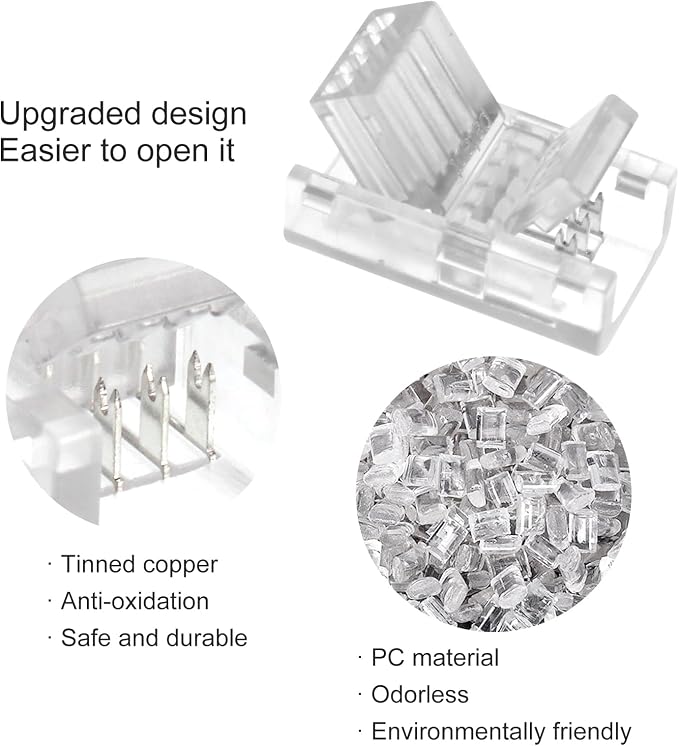 RGBZONE 10Pcs 8mm 4 Pin LED Strip Connectors and 32.8ft 4 Pin RGB Extension Cable Strip to Wire Quick Connection for Waterproof or Non-Waterproof 8mm Wide SMD RGB 5050 LED Strip Lights(IP20/IP65) - Image 3