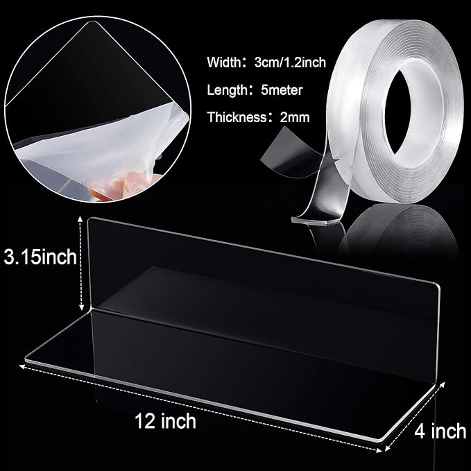 Jetec 8 Pieces Acrylic Floating Shelves, 12 Inch Acrylic Wall Mounted Hanging Shelf Bookshelf with 5 Meters Nano Double Sided Tape for Bedroom, Gaming Room, Living Room, Bathroom, Office(Clear) - Image 3