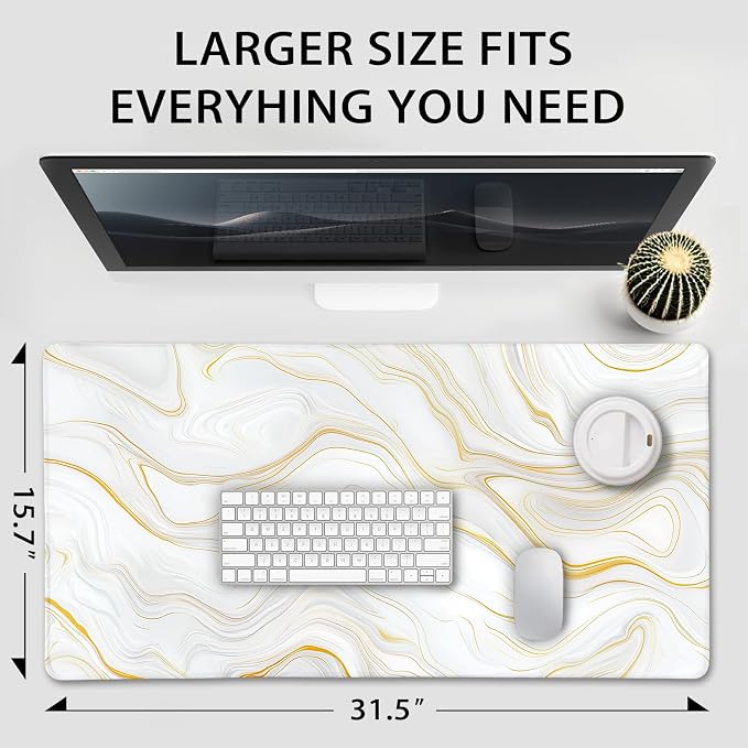 Large Mouse Pad Gaming Desk Mat 31.5"x15.7" Non Slip Gold Marble | Extended Mousepad, Non-Slip Rubber Base , Stitched Edges, for Computer/Laptop/Office/Home - Image 4
