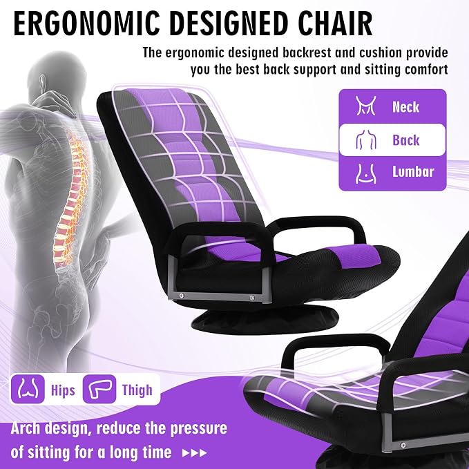 Swivel Floor Gaming Chair w/Armrests,Folding Video Reclining Sofa w/6 Adjustable Position, Padded Backrest & Cushion, Lazy Lounger Couch for E-Sports, Reading, Relaxing, Watching TV, Purple - Image 5