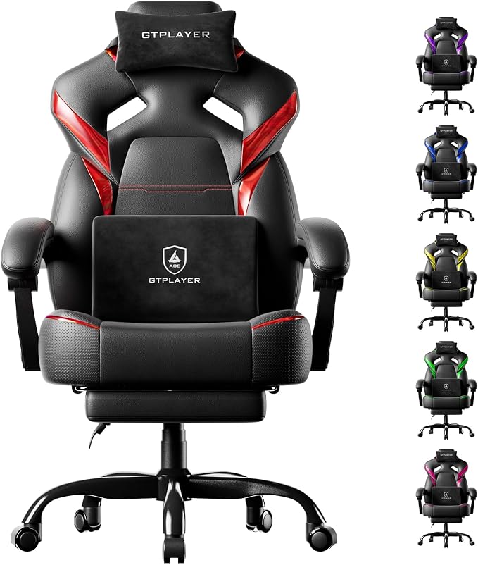 GTPLAYER Big and Tall Gaming Chair for Adults, Ergonomic Office Chair with Footrest, Heavy Duty 350 lbs Capacity, High Back, Premium Leather & Iridescent Trim, ACE-Armor, Black & Red by GTPLAYER