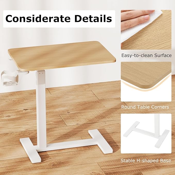 Tangkula Mobile Standing Desk, Pneumatic Height Adjustable Rolling Desk with Cup Holder & Headphone Hook, Overbed Table with Hidden Wheels, Laptop Computer Cart for Couch, Home, Office (Natural) - Image 8
