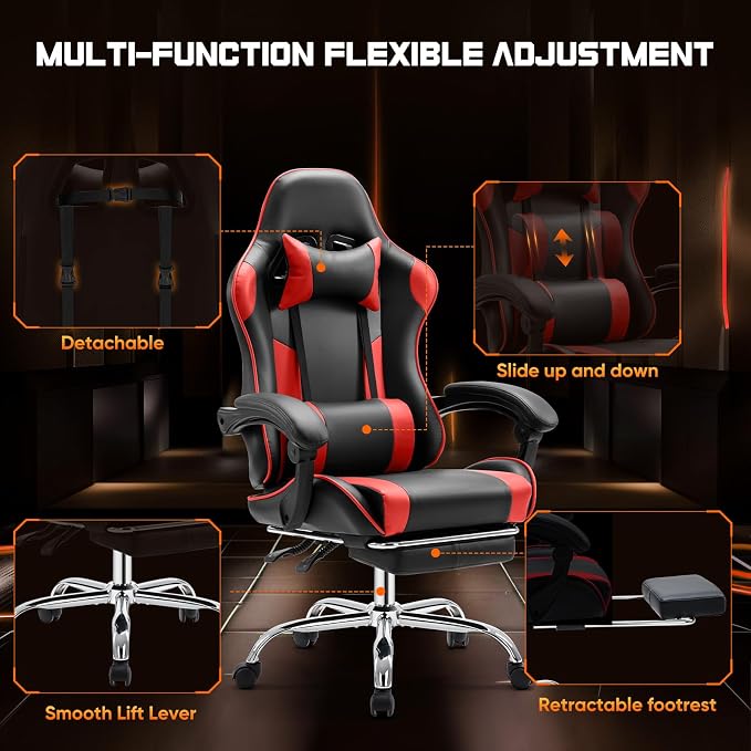 Sweetcrispy Gaming Chair, Ergonomic Computer Desk Chair, Lumbar Support | High Back PU Leather, Adjustable Headrest Footrest, Racing Video Office Home, Red - Image 7