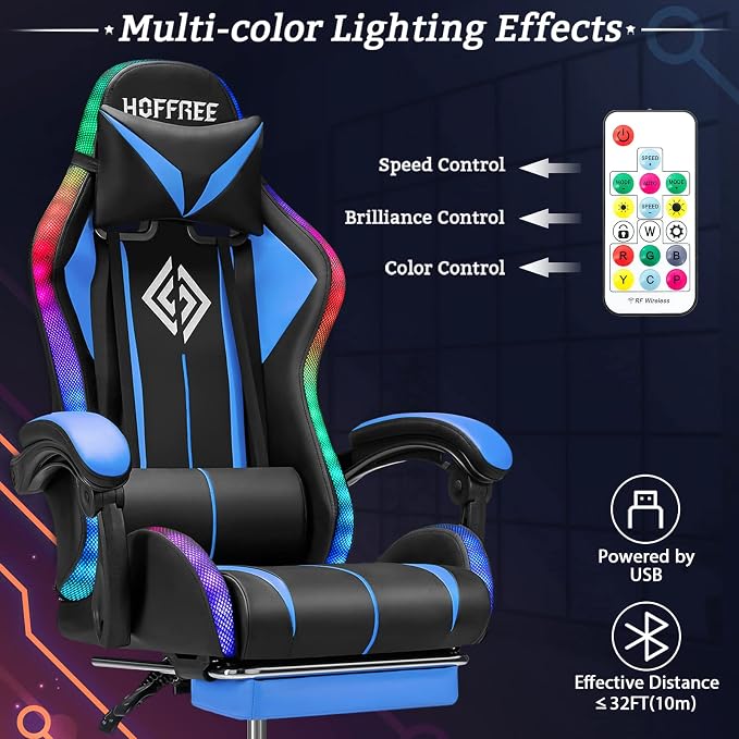 RGB Gaming Chair with LED Lights Massage Ergonomic Computer Chairs-Blue | High Back Video Game Chair with Footrest & Adjustable Lumbar Support Gamer Chairs for Adults Racing Style Recline - Image 4