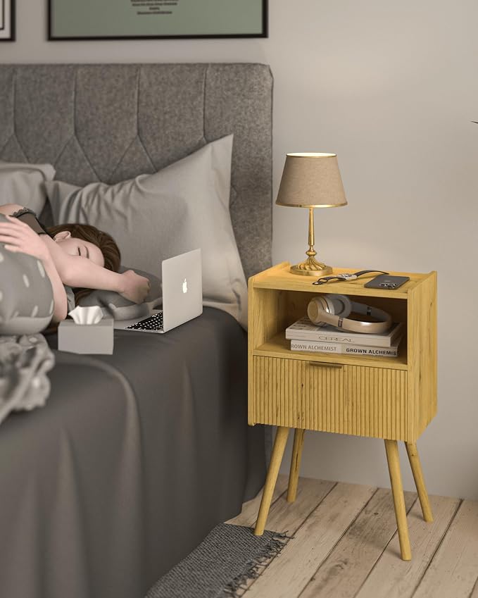 JOONEE Nightstand,Modern Bedside Table with Storage Drawer and Open Wood Shelf, for Living Room, Bedroom and Small Spaces, Accent Night Stand with Solid Wood Legs, Easy Assembly,Vintage Yellow Oak - Image 5