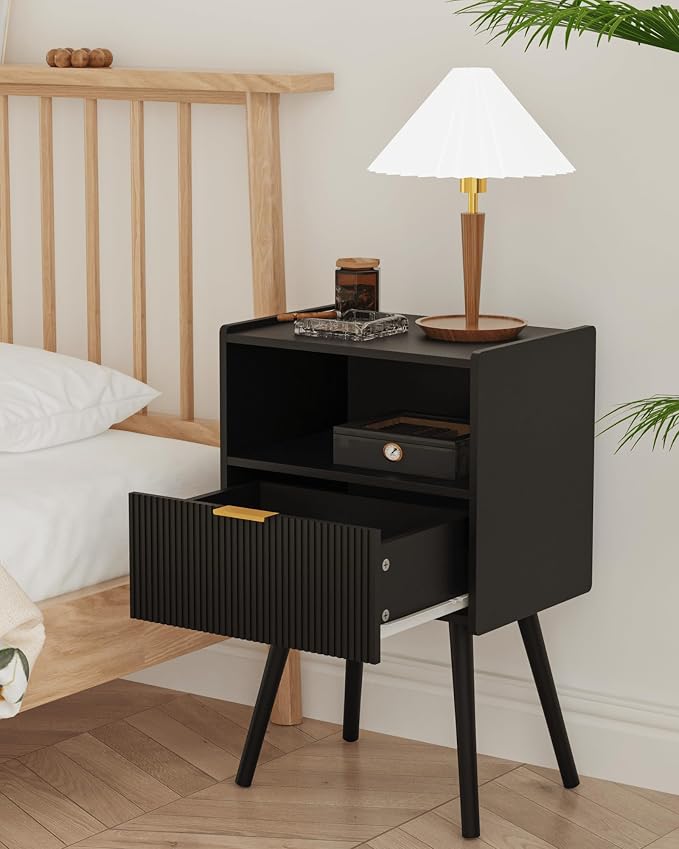 Veegle Nightstand,Modern Bedside Table with Storage Drawer and Open Wood Shelf, Accent Night Stand with Solid Wood Legs for Living Room, Bedroom and Small Spaces,Easy Assembly (Black) - Image 6