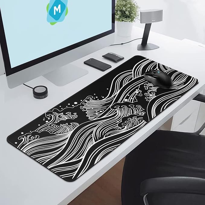 DIGSOM Gaming Mouse Pad Black and White Sea Wave Pattern, 31.5 x 11.8in | XL Mouse mat, Smooth surface, Anti-slip rubber base, For keyboard and mouse, For home and office use - Image 4