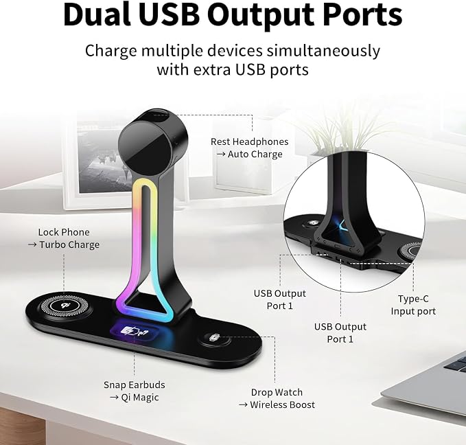 Transform Your Desk – 3-in-1 Wireless Charging Station with Headphone Stand, Dual USB Ports, 15W Fast Charger for Phone/A-irPods/A-pple Watch, RGB Light, LED Alarm Clock – Charge 5 Devices at Once - Image 5