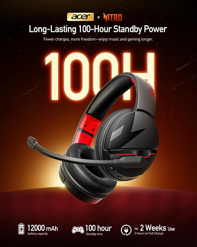 acer Wireless Gaming Headset, PS5 Headset with 2.4GHz for Ps5, Ps4, PC, Switch, Bluetooth 5.3 + 100Hrs Gaming Headphones with Noise Canceling Mic for Laptop, Mobile, Mac, 50mm Drivers (Red) - Image 2