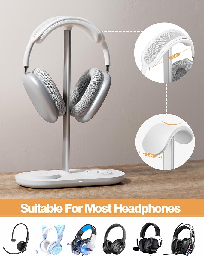 HiWe Headphone Stand, 2-in-1 MagSafe Wireless Charger for iPhone/iWatch | Headset Holder for All Headphones, Aluminum Alloy Bar, ABS Solid Base, PU Headrest, Table Desk Organizer - Image 2
