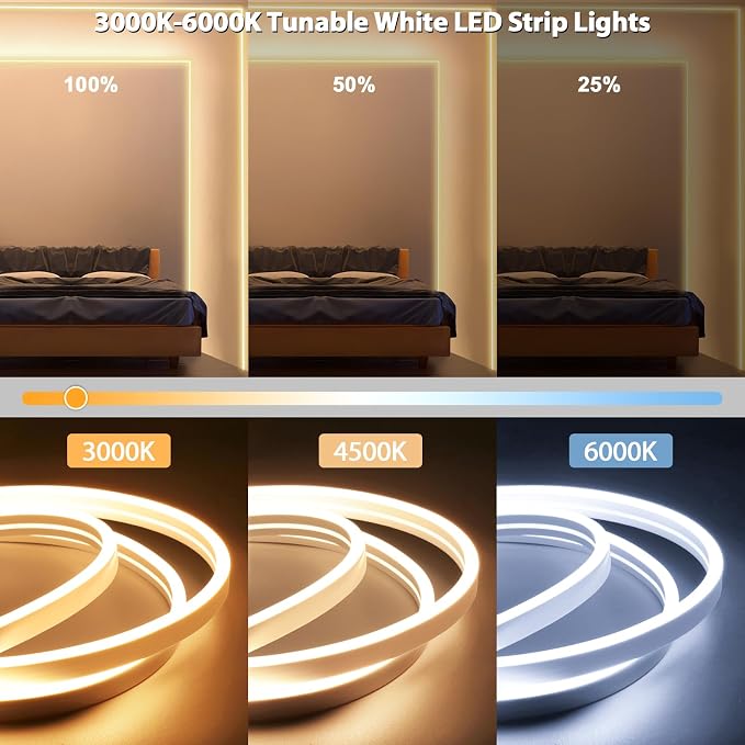 Lamomo LED Strip Lights, Tunable White Neon Rope Lights with Remote, 32.8Ft Dimmable 3000K-6000K Flexible Led Light Strip, Waterproof Silicone 24V Neon Lights for Bedroom Home Decor - Image 3