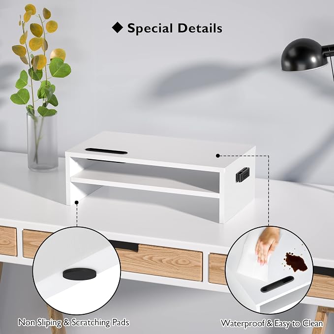 BONTEC Wooden Monitor Stand Riser for Desk, 2-Tier Computer Monitor Stand | 66 lbs Desk Shelf Organizer with Storage, Laptop & Printer Stand with Phone Holder and Cable Management, White, 16.5 Inch - Image 4