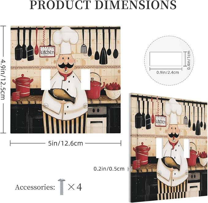 Decorative Light Switch Cover Plate Cartoon Fat Happy Chef Cook 2 Gang Switch Plate Covers Double Toggle Wall Plate Dual Device Electrical Switchplate Dimmer Faceplate for Farmhouse Kitchen - Image 5