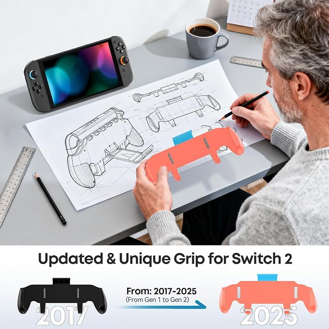 OIVO Grip Compatible with Nintendo Switch 2, Switch 2 Ergonomic Grip Case with Adjustable Stand, Comfort Game Accessories with 5 Game Card Slots and 4 Thumb Caps, Orange Blue - Image 5