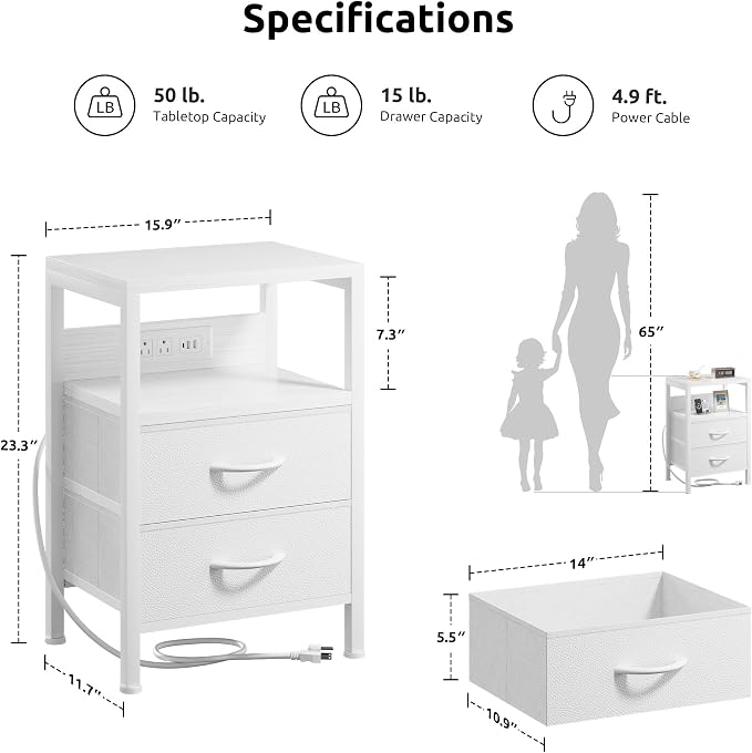 Lazzanto Night Stand with Charger Station for Bedroom, White Nightstand - Image 2