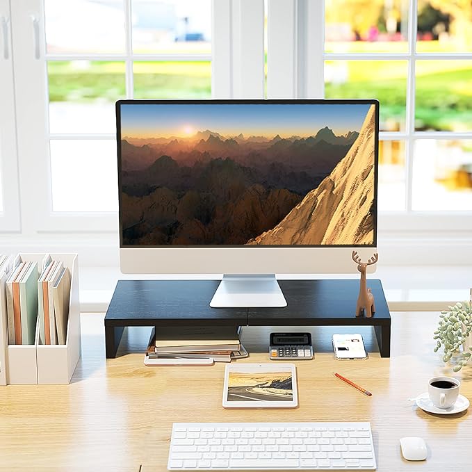 TEAMIX 20 Inch Monitor Stand Riser for Desk, Wood Computer Stand, Black | Fits Laptop, Printer, TV, PC Tower, Full Keyboard Storage Underneath, Ergonomic, Desk Organizer for Home Office, Gaming Setup - Image 2
