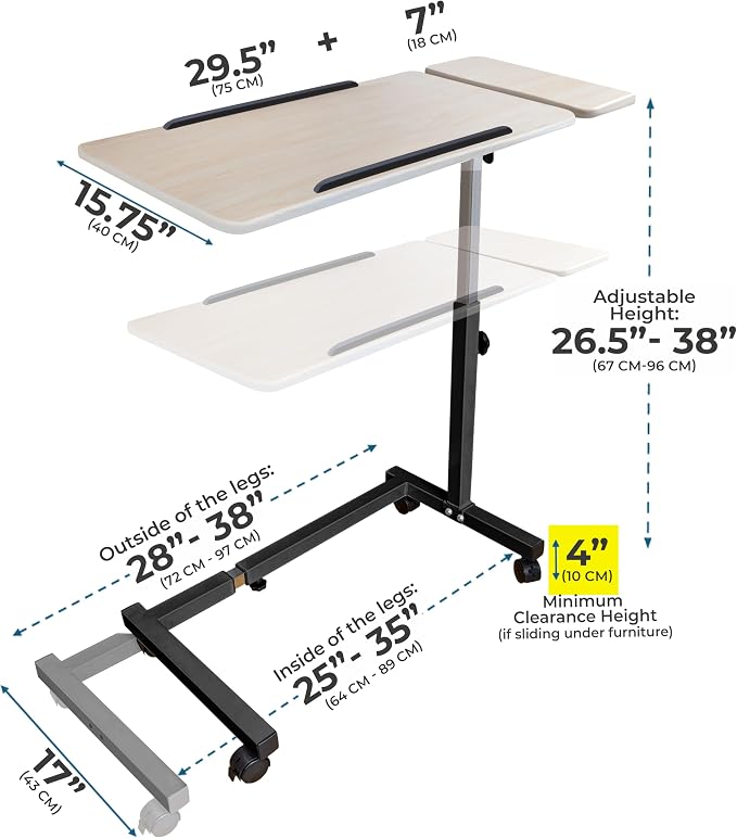 Recliner Table, Over the Bed Table with Wheels, Adjustable Width & Height, with Split Tilt Design & 4 Caster Wheels with Brakes (Beechwood Tabletop, Black Base) - Image 2