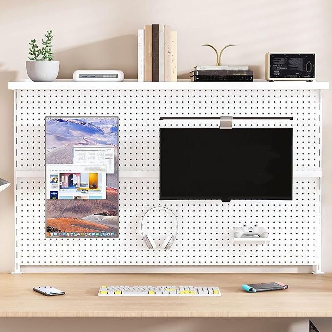 Majnesvon Clamp On Pegboard-Metal Office Pegboard Organizer with Monitor Stand, Peg Board Gaming for Desk with Hooks & Movable Partition, Office Storage Shelf for Workstation Setup (White 59x35 Inch) by Majnesvon