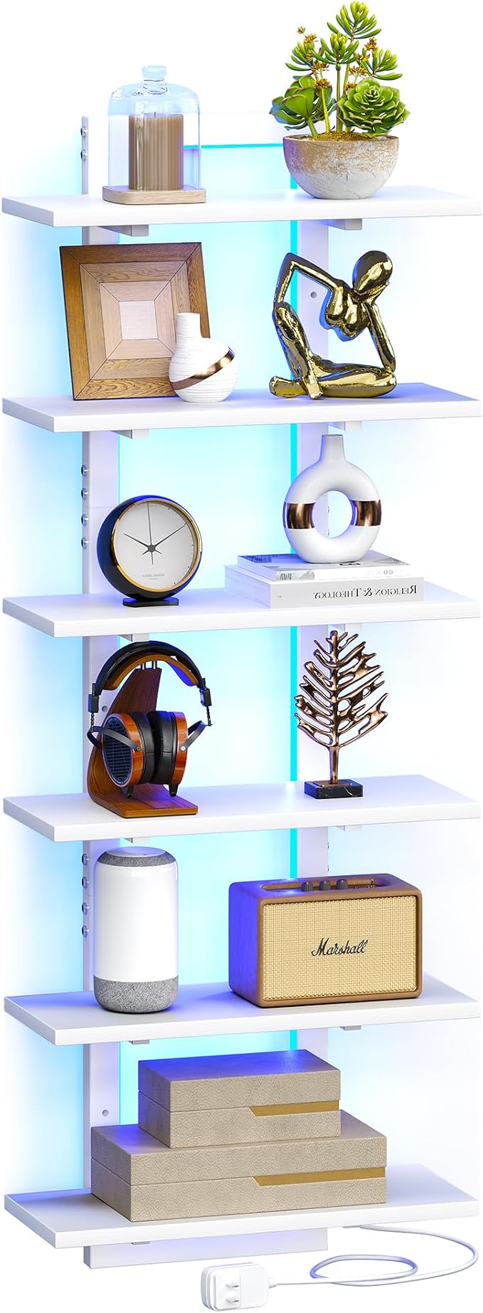 LED Wall Mounted Display Shelf with RGB Lights, 6-Tier Vertical Wall Shelf for Gaming Room, Bedroom and Living Room, Floating Shelves for Collectibles and Decor, 15"W x 5.5"D x 43.3"H, White by Unknown