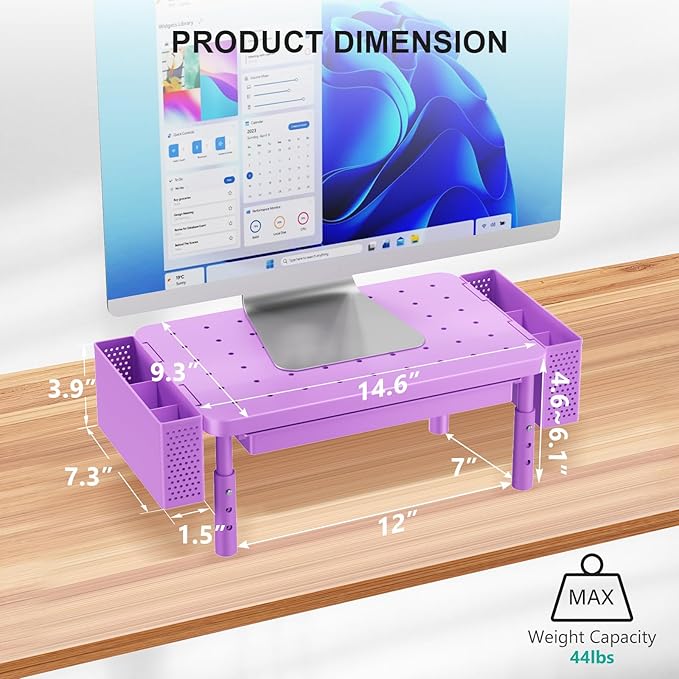 WALI Computer Monitor Stand with Storage and Pen Holder | 3 Height Adjustable Desk Organizer with Drawer, Desk Laptop Monitor Riser for Computer, Printer(PTT003-V), 1 Pack, Violet - Image 7