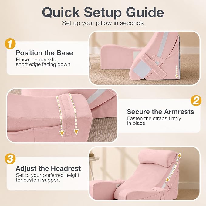 Sasttie 15-25 inch Adjustable Reading Pillow with Armrests, Pink | Back Rest Pillow with Secure Side Straps, Memory Foam Back Support Cushion Bed Chair for Reading, Gaming & Relaxing - Image 8