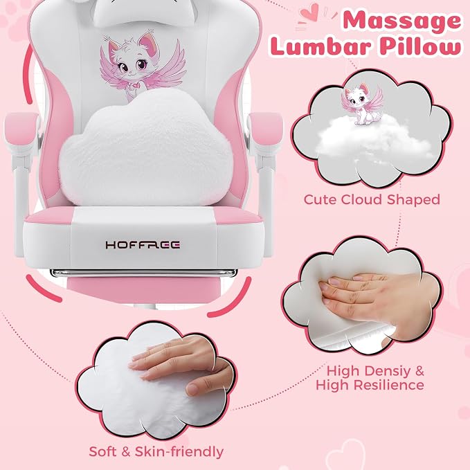 Pink Gaming Chair for Girls Cute Massage Computer Chair with Cat Ears | Cute Computer Office Chair Ergonomic Reclining Gamer Chair with Footrest Lumbar Support PC Game Chairs for Women Adults - Image 5