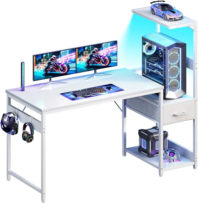 Casaottima 48'' Gaming Desk with LED Lights & CPU Stand, Reversible Computer Desk with Storage Shelves & Fabric Drawer, Modern PC Gamer Table with Headphone Hook, Carbon Fiber White by Casaottima