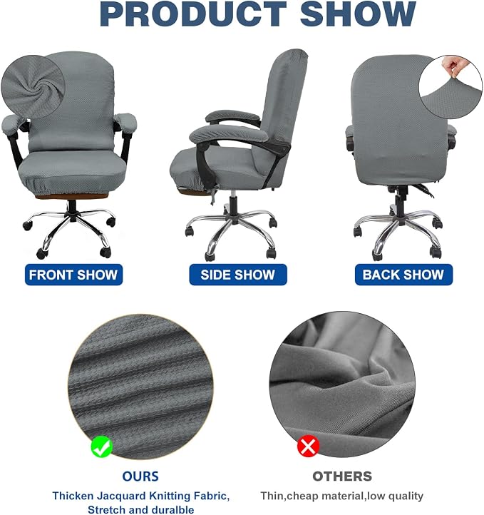 NeColorLife Office Chair Cover with Armrest Covers,Large,Gray | Stretch Thick Jacquard Fabric Fits Most High-Back Executive and Desk Chairs; Machine Washable,Includes 2 Armrest Covers - Image 3