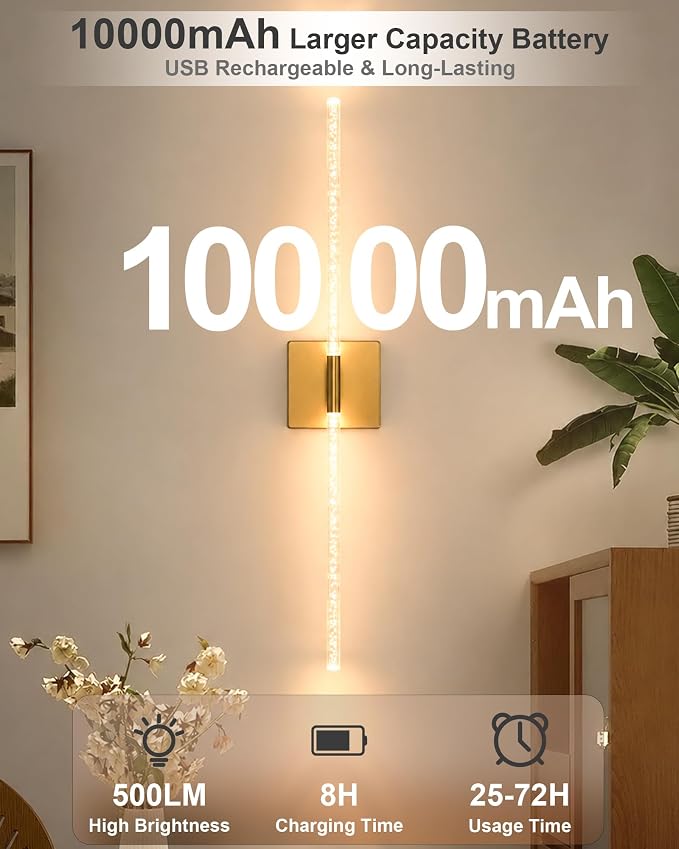 Wall Sconce Set of 2: Gold Rechargeable Wireless Magnetic Install, Crystal - Image 2