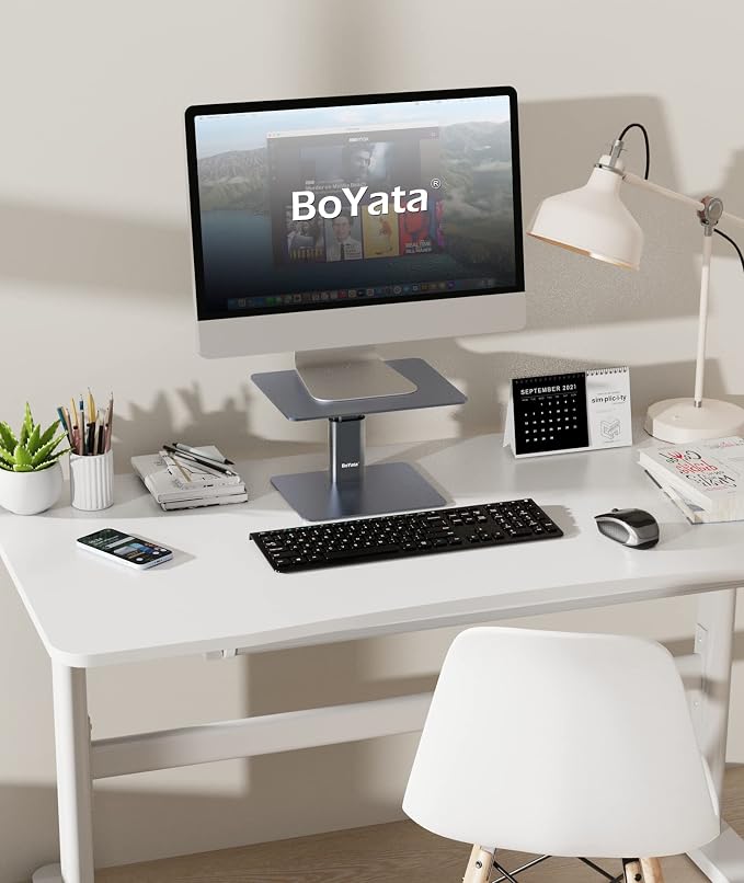 BoYata Monitor Stand, Adjustable Height Metal Desktop Riser, Space Gray | Height-Adjustable Metal Riser with Open Storage Space Underneath for Monitors, Laptops, iMacs, PCs and TVs - Image 7
