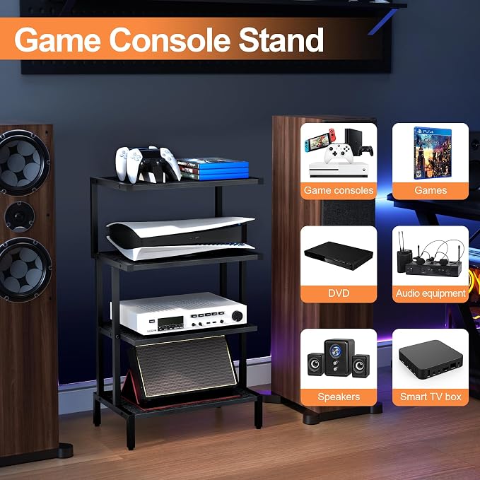 Aquzee Media Stand, Gaming Shelf, 4 Tier Small Electronics Shelves Video Game Console Organizer Cabinet, Wood Stereo Racks AV Shelves for Entertainment Center Storage, Recreation Room Furniture,Black - Image 4