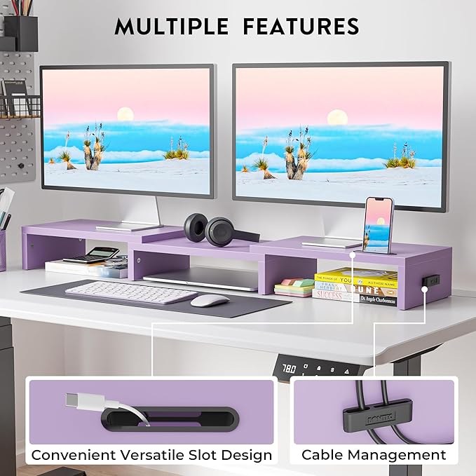 BONTEC Dual Monitor Stand Riser, Adjustable Length & Swivel Angle, Purple | Ergonomic Wooden Desktop Organizer with Smartphone Holder, Computer Monitor Stand for PC, Laptop,Printer and Large Storage - Image 2