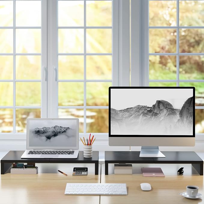 TEAMIX 2-Pack Monitor Stand Riser 20 inch, Wood Desk Computer Shelf, Black | For 2 Monitors, Laptop, Printer, TV, PC Tower, Full Keyboard Storage Underneath, Desk Organizer for Home Office, Gaming Setup - Image 8