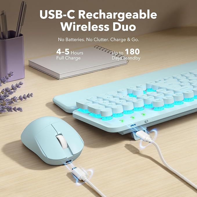 Rechargeable Backlit Wireless Keyboard and Mouse Combo, Retro Round Keycaps, Light Up Letters, Magnetic Wrist Rest, 2.4GHz Cordless for Mac Windows PC Laptop, Glowing Dusty Blue - Image 4