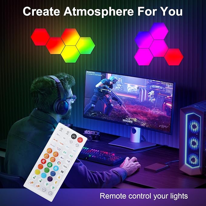 8 Pack RGB Hexagon Led Lights Wall Panels, Music Sync Color Changing Circle Lights, Hexagon Lamp with Remote Control & App Control, Led Shape Hex Light for Bedroom Gamers Decor Milky White - Image 7