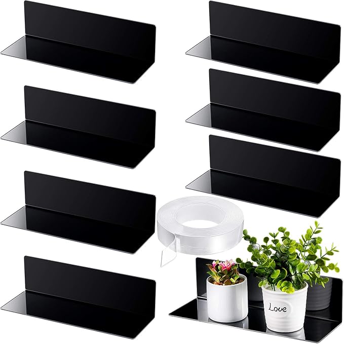 Jetec 8 Pieces Acrylic Floating Shelves, 12 Inch Acrylic Wall Mounted Hanging Shelf Bookshelf with 5 Meters Nano Double Sided Tape for Bedroom, Gaming Room, Living Room, Bathroom, Office(Black) by Jetec
