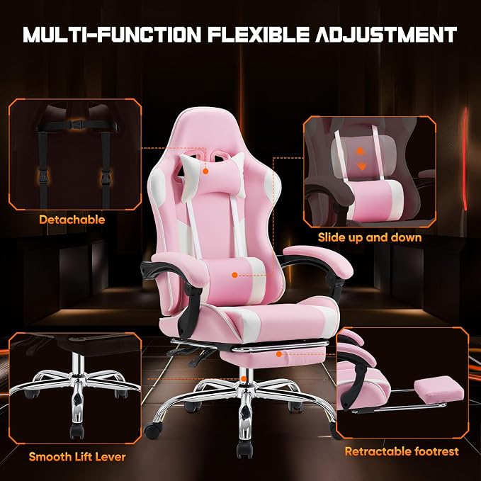 Sweetcrispy Video Game Chair, Ergonomic Computer Desk Chair, Lumbar Support | High Back PU Leather, Headrest Linkage Armrest, Height Adjustable 360 Swivel, Adults, Pink - Image 7