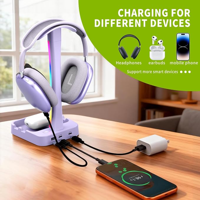Headphone Stand with Charger,Gaming Headset stand with RGB Light Mode,For Airpod Max Stand,Desk Lamp,Phone Holder,Tablet Holder,desktop organizer,Gifts for Gamers & Music Lover (Purple) - Image 2