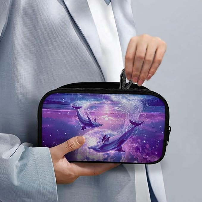 Purple Moonlight Dolphin Print Storage Pouch - Earphone, Cable Organizer, Power Bank & Data Cables Storage, Headset Organizing Multipurpose Bags - Image 4