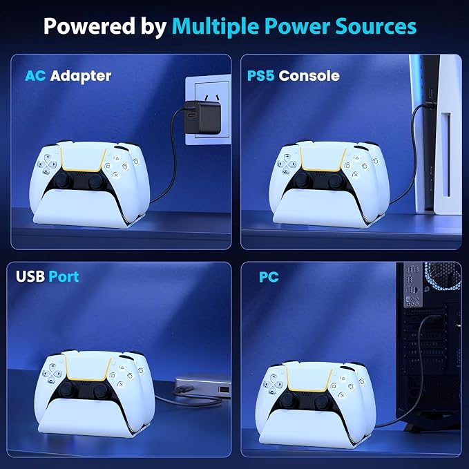 PS5 Controller Charger Station with LED Indicator,Self-Aligning Charging Dock,Dual Controller Fast Charging Dock,Desktop Display Stand for PlayStation 5 (White) - Image 6