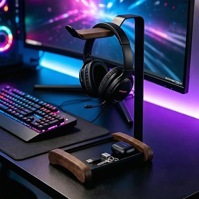 Headphone Stand for Desk with Storage Tray, Walnut Wood Headset Holder and Desktop Organizer for Headphones, Keys, Watches & Accessories, Home Office and Gaming Setup - Image 5