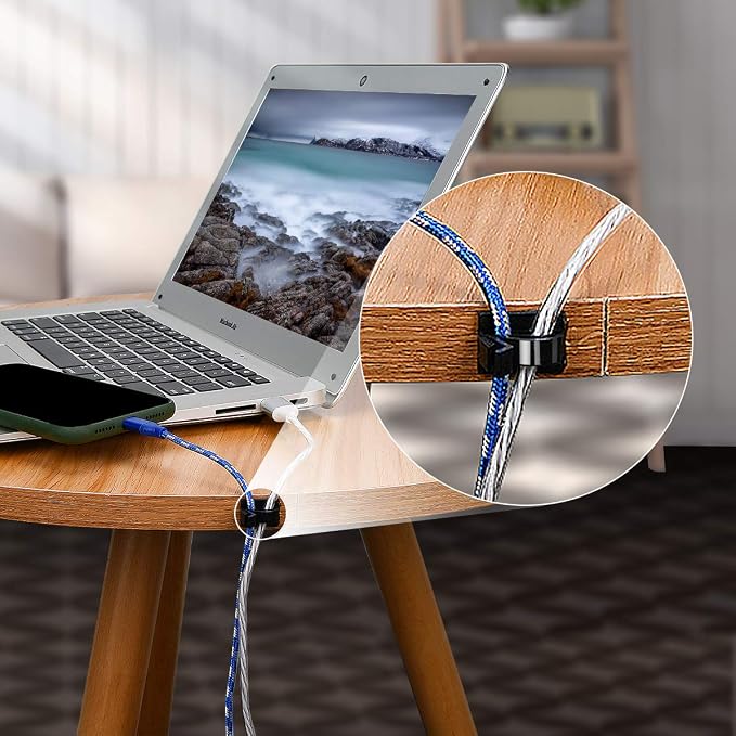 SOULWIT 50 Pcs Self Adhesive Cable Management Clips, Cable Organizers Sticky Wire Clips Cord Holder for TV PC Laptop Ethernet Cable Desktop Home Office (Black) - Image 6