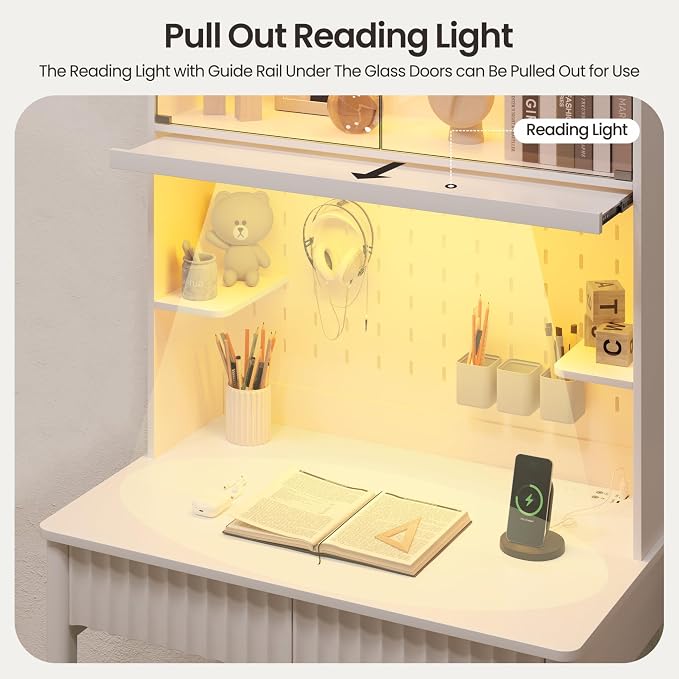 Lvifur 31.5" LEDStudy Desk with Drawer,Hutch,Reading Lights | Computer Desk with Charging Station,2 Drawer,Compact Writing Desks,Home Office Desks for Bedroom,White - Image 4