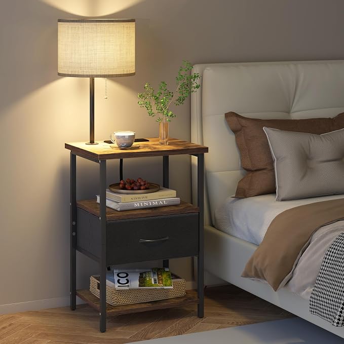 Fixwal Nightstand with Lights Bedside Table with 3 Color Temperatures Bulb, Night Stand with Charging Station End Table with Adjustable Fabric Drawer for Bedroom Dorm - Image 2