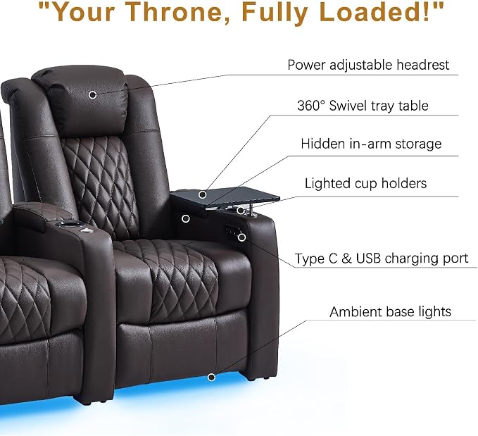 comfiroom Top-Grain Leather Home Theater Seating, Dual-Motor Power Recliner - Image 5
