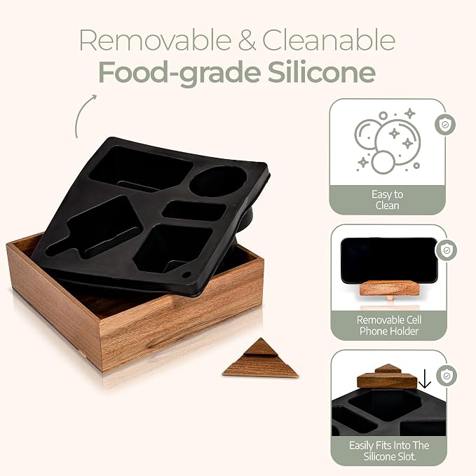 Silicone Couch Cup Holder Tray – Handy Silicone Acacia Couch Caddy with Cup Holder & Phone Stand – Waterproof Anti-Spill Snack & Bed Caddy Organizer Sofa Tray for Drinks, Snacks, & Remotes (Black) - Image 6