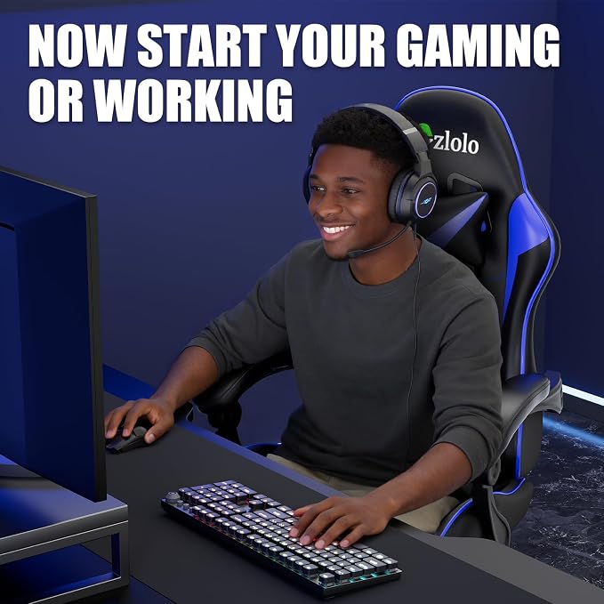 Czlolo Gaming Chair with Footrest Racing Style Lumbar Support Massager Video Game Chair with Metal Legs, High Back Reclining Gamer Chair with Headrest, 360° Swivel Office Computer Desk Chair (Blue) - Image 8