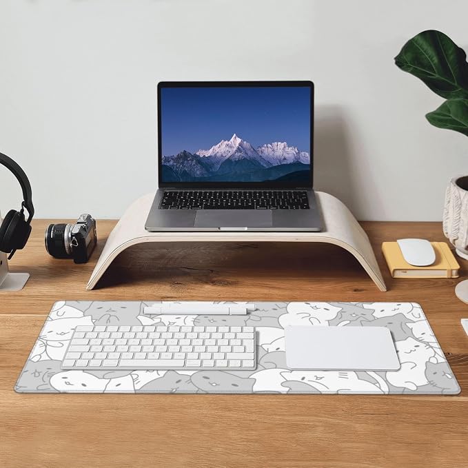 White Kawaii Cats E-Sport Mouse Pad Large Desk Mat Non-Slip Rubber Base Stitched Edge Keyboard Mouse Pad for Office Home E-Sport Computer Laptop, 31.5×11.8 Inches - Image 7