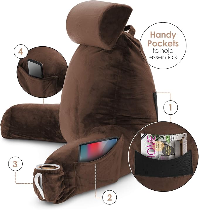 Nestl Reading Pillow with Portable Laptop Lap Desk - Shredded Memory Foam Back Support Pillow for Sitting Up in Bed and Couch Rest Pillows with Arms, Bed Tray Table with Foldable Legs, Brown - Image 6